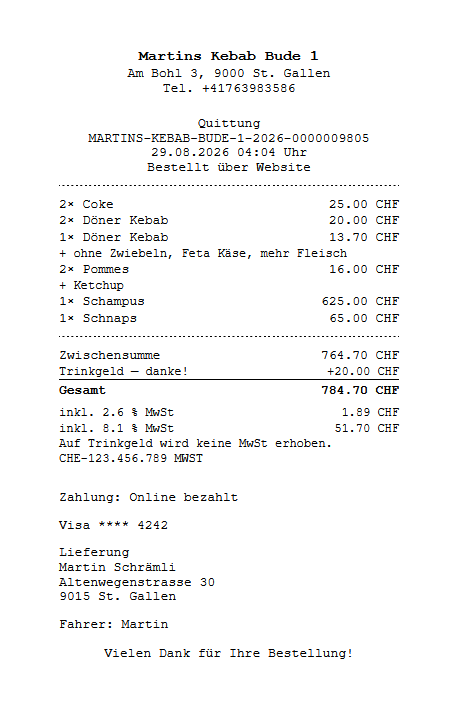 Quittung mit Bestellpositionen, Zwischensumme, MwSt je Steuersatz und Zahlungsart