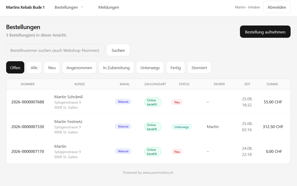 Screenshot: Bestellübersicht mit Status, Zahlungsart und Fahrer