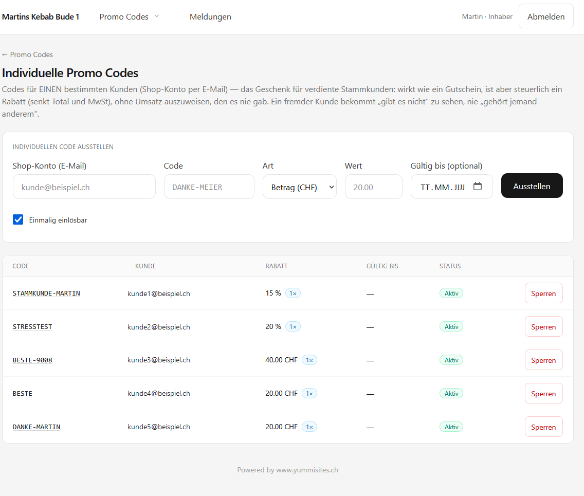 Screenshot: Individuelle Promo Codes für einzelne Kunden ausstellen